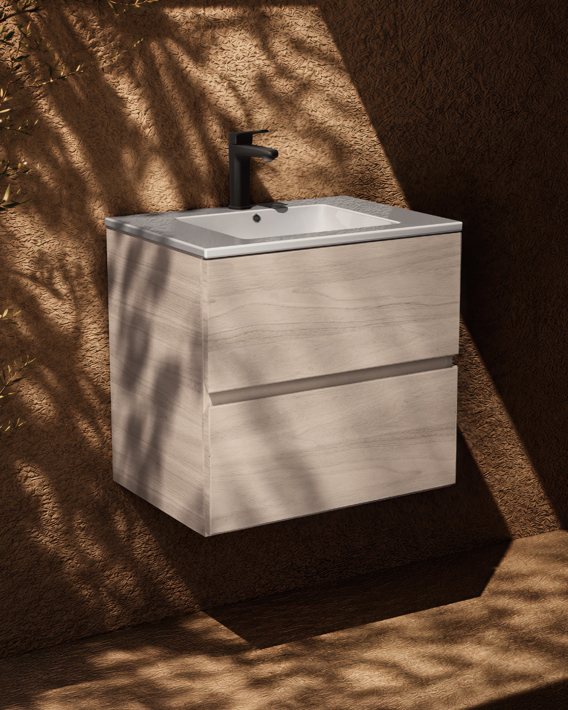 Mueble de baño Primmo de Helvex con lavabo integrado, diseño suspendido, dos cajones amplios y acabado neutro para baño contemporáneo. 
